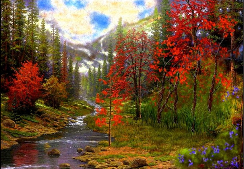 beautiful nature, art, autumn, sky, forests, nature, paintings HD wallpaper