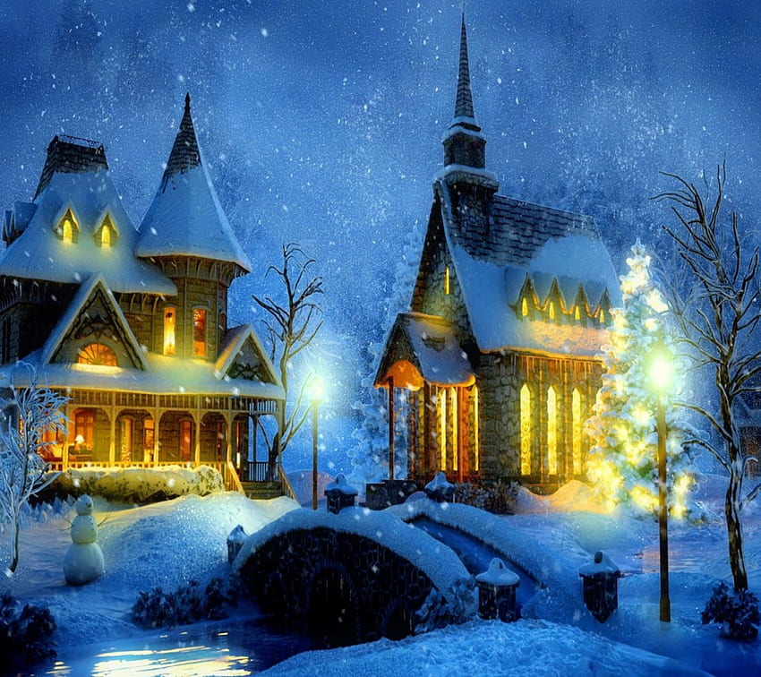 Christmas Time, night, winter, holidays, snowy, lamp, houses, snowman, snowflakes, light, snow, christmas, bridge, trees, pond HD wallpaper