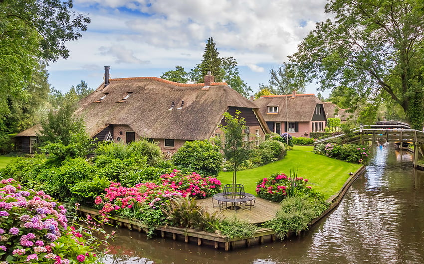 Красив Giethoorn, цветя, Холандия, красиво, село, река, Que, трева, спокойно, къщи, лято, Холандия HD тапет