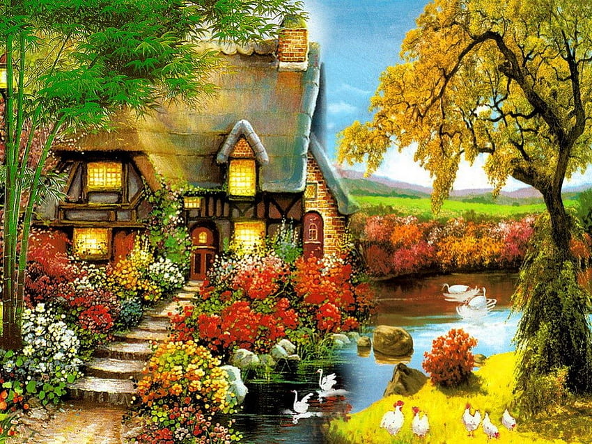Tempat pedesaan yang indah, penuh warna, damai, musim semi, ketenangan, bagus, tenang, refleksi, lukisan, pohon, air, kolam, seni, rumah, surga, indah, danau, kabin, musim panas, angsa, cantik, cahaya, alam, bunga, pondok, indah, ketenangan, desa, pedesaan Wallpaper HD