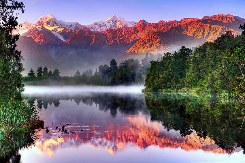 South Island New Zealand Landscape Reflection River Forest Fog Mist, New Zeland Landscape Wallpaper HD