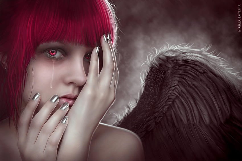 tears_of_an_angels, sad, fantasy, cry, red, eyes, angel, hair HD wallpaper