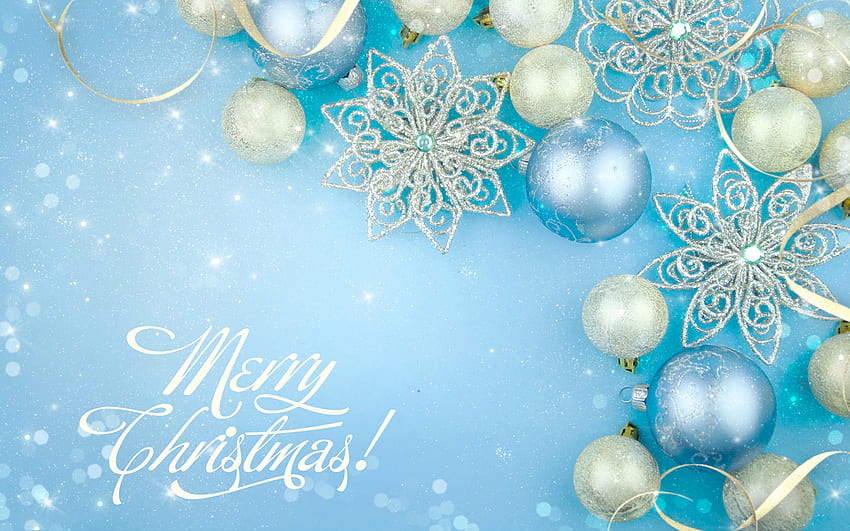 Merry Christmas, gold glitter stars, Happy New Year, Blue Christmas background, Golden Christmas balls, Background with Christmas balls, Christmas greeting card HD wallpaper