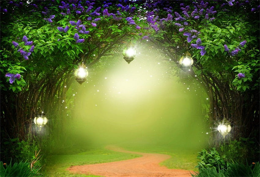 AOFOTO ft ogród fantasy tło piękne drzewa kwiatowe bajkowe lampy graficzne tło zjawiskowy las magia kraina czarów rozmyta ścieżka Tapeta HD