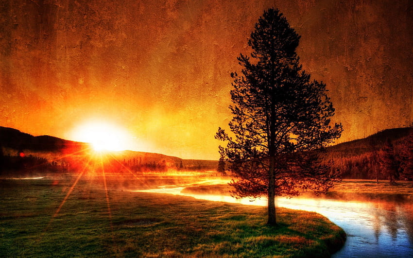 Natur, Flüsse, Sonnenuntergang, Kunst, Sonne, Ufer, Holz, Baum, Farben, Farbe, Umrisse, Abend, Farben, Ufer HD-Hintergrundbild