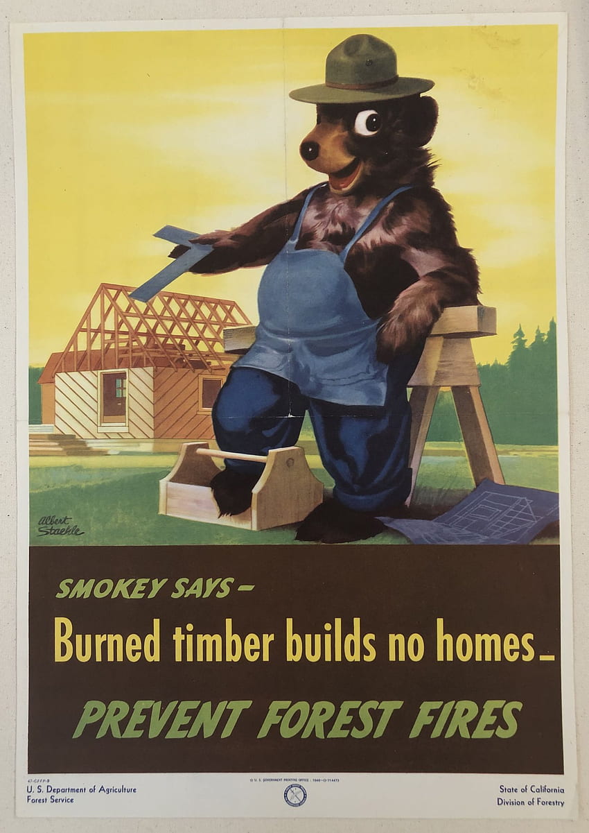 SMOKEY SAYS- 불타는 목재는 집을 짓지 않습니다- 산불을 예방합니다. 1946. 원본 산림청 포스터, 스모키 더 베어 HD 전화 배경 화면