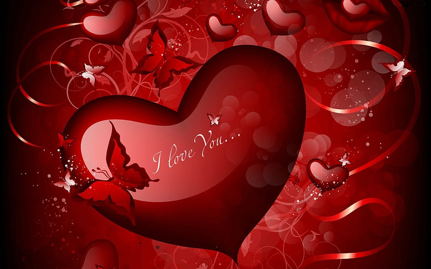 Love You, circles, Valentines, ribbons, dots, Valentine, butterflies, Valentines Day, love, red, hearts HD wallpaper