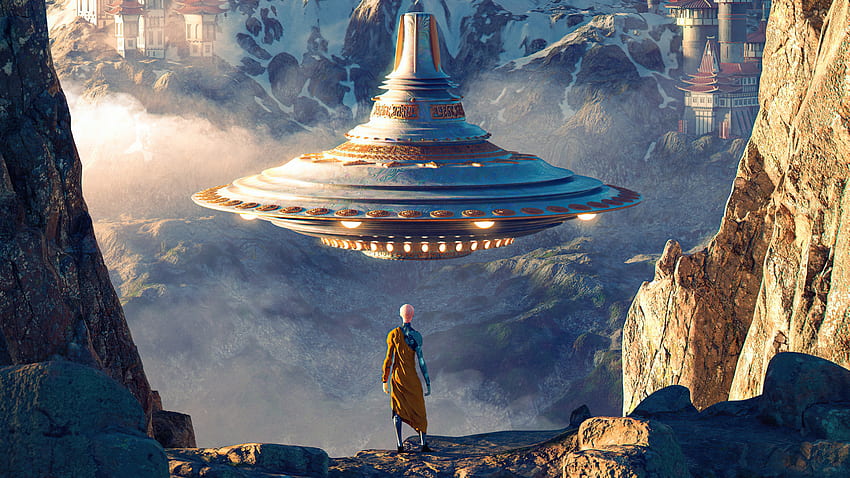 Fantasi, Sci-fi, kapal alien, biksu Wallpaper HD
