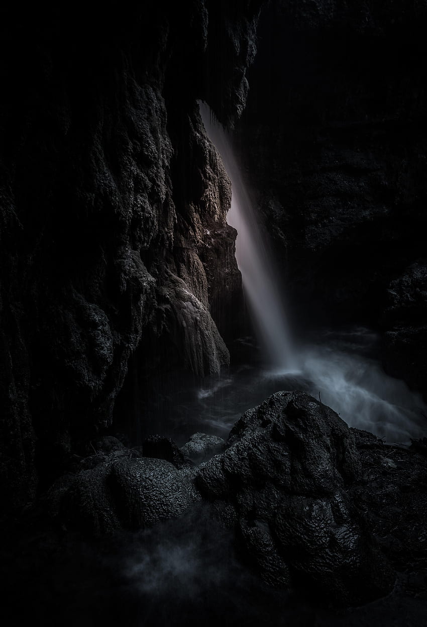 Природа, Скала, Тъмно, Водопад, Пещера HD тапет за телефон
