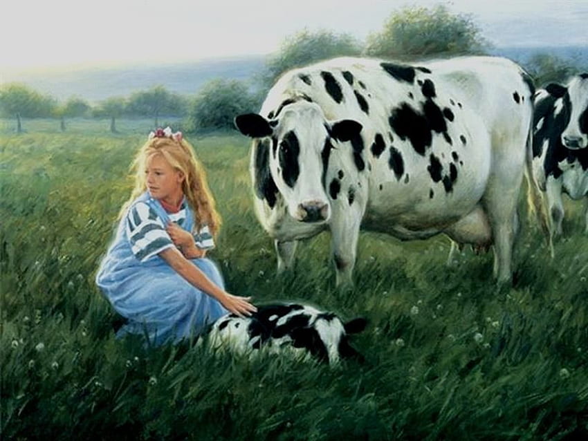 Newborn, blue, mothering, farm, girl, country, spring, dress, calf, cows, fields, jersey, trees, nature, warm HD wallpaper