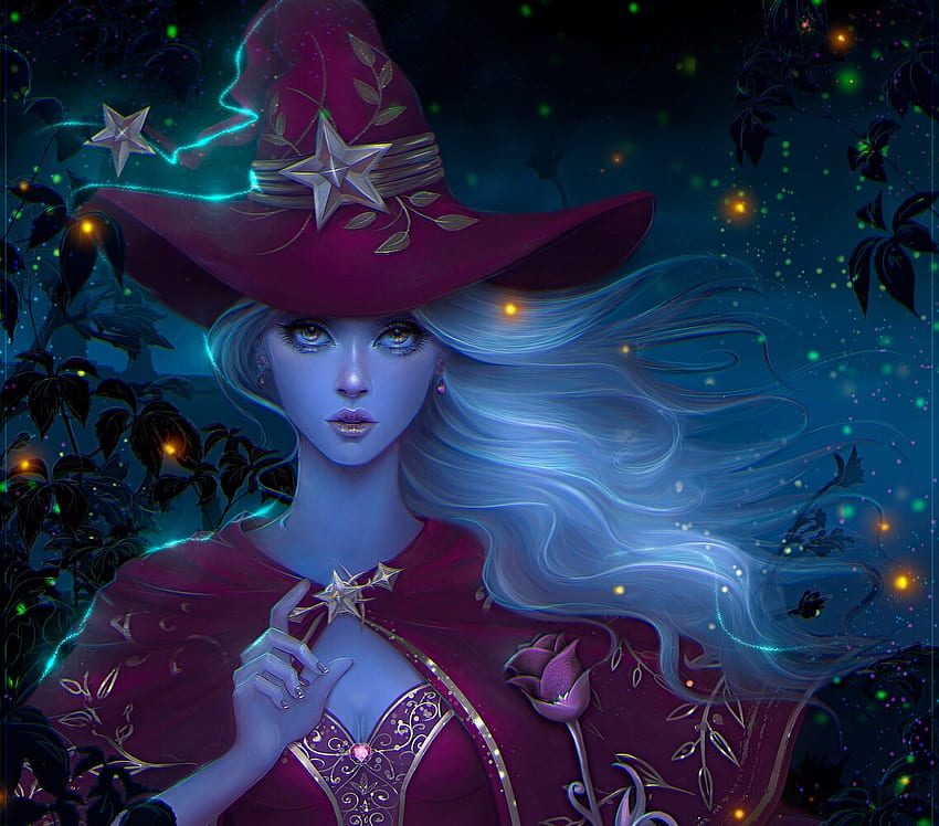 Witch, fantasy, girl, mikabri, mystik, dark, hat, blue, halloween, purple HD wallpaper