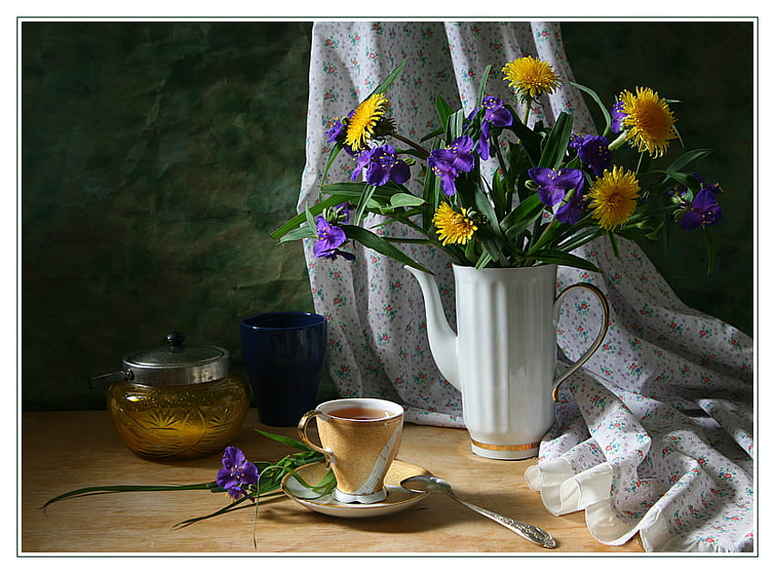 A summer afternoon, stems, tea, vase, beautiful, cup, curtain, dandelions, cups, purple, sugar bowl, gold trimmed, flowers, cloth, saucer, spoon, watering vase HD wallpaper