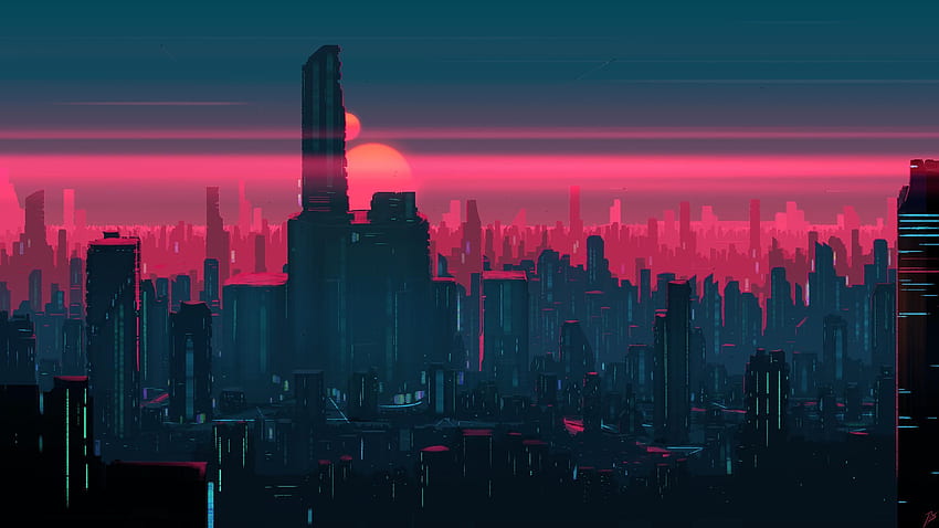 Retro-Stadt-Sonnenuntergang HD-Hintergrundbild
