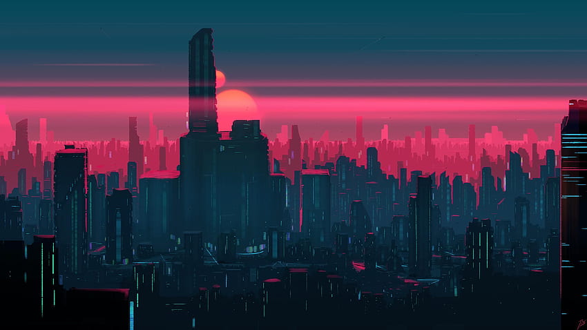 Puesta de sol de la ciudad retro fondo de pantalla