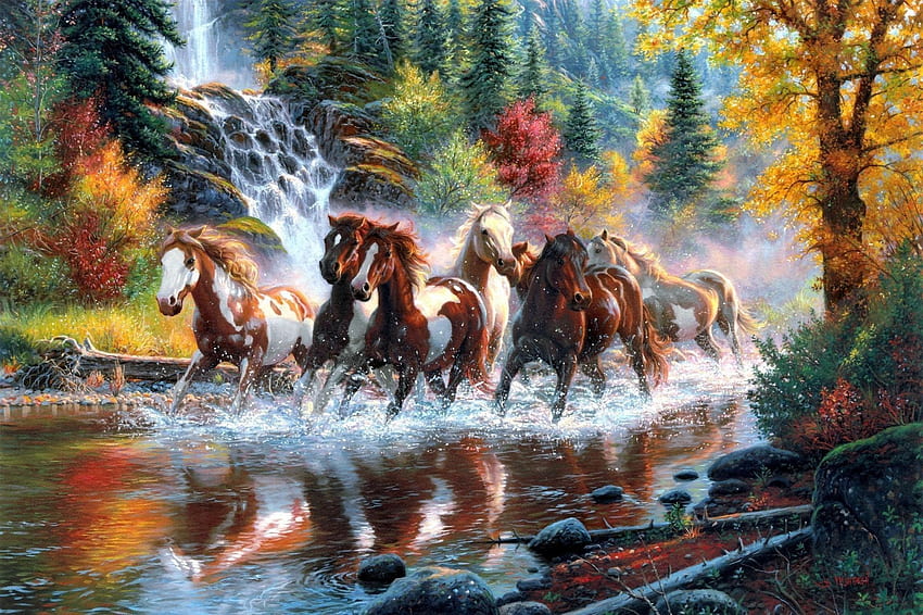 ม้า ม้า น้ำตก ป่า ฤดูใบไม้ร่วง แม่น้ำ โดย - ม้า 7 ตัว วอลล์เปเปอร์ HD