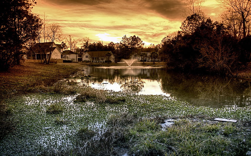 Natur, Häuser, Springbrunnen, Abend, Überwiegend bewölkt, Bedeckt, Teich HD-Hintergrundbild