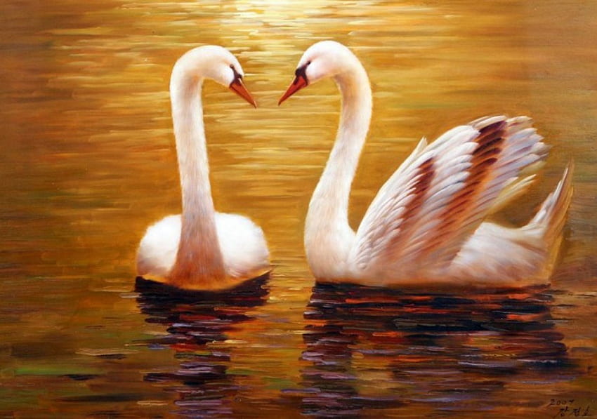 Painting, swans, white, sunset HD wallpaper