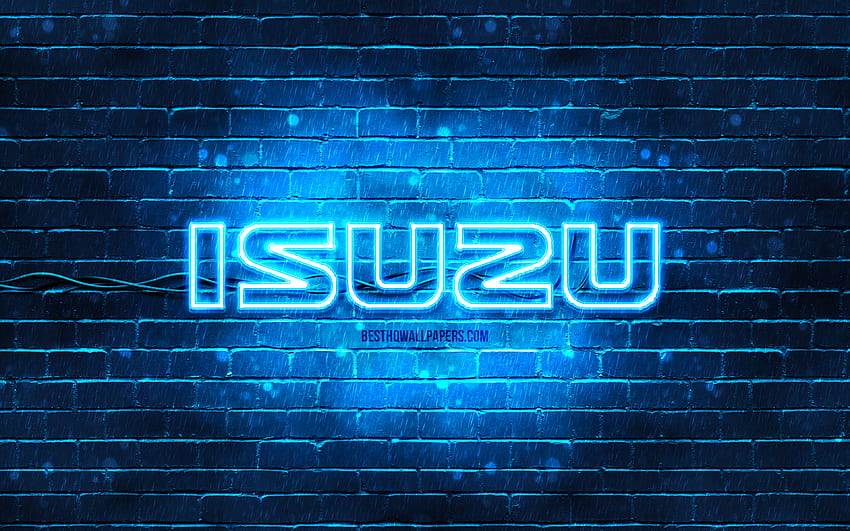 Logotipo azul de Isuzu, pared de ladrillo azul, logotipo de Isuzu, marcas de automóviles, logotipo de neón de Isuzu, Isuzu fondo de pantalla