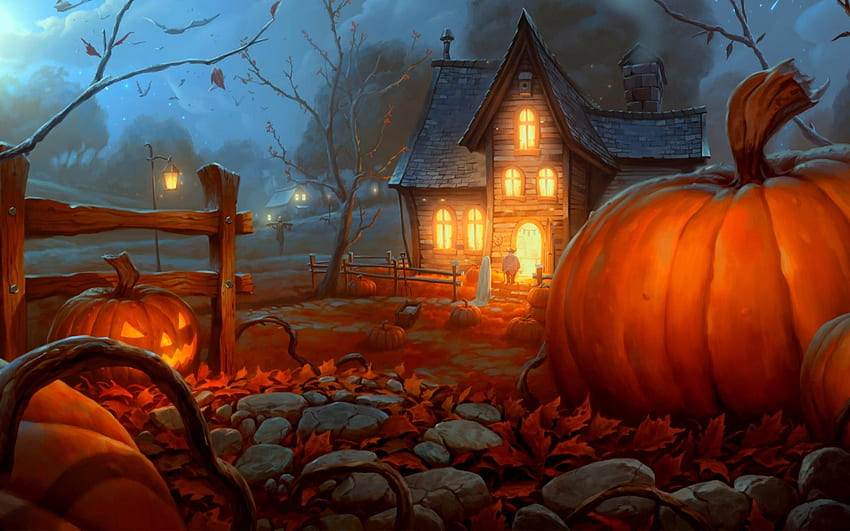 Halloween Trick Or Treat, Abstract, Candy, Pumpkins, Trees, Fantasy, House, Trick Or Treat, Fence, Halloween, Lights HD wallpaper
