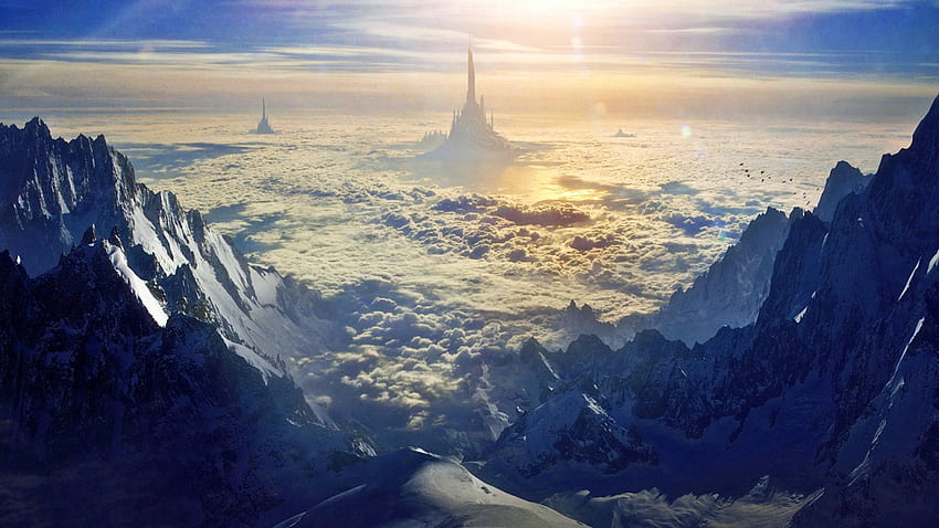 The Sky Cities, ciencia ficción, montaña, 3d, paisaje, cgi fondo de pantalla