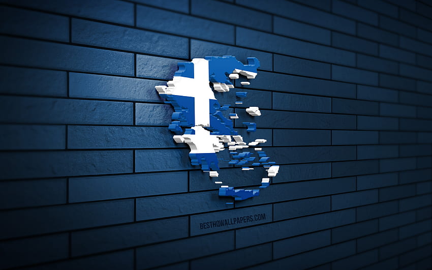 Carte de la Grèce, mur de briques bleu, pays européens, silhouette de carte de la Grèce, drapeau de la Grèce, Europe, carte grecque, drapeau grec, Grèce, drapeau de la Grèce, carte 3D grecque Fond d'écran HD