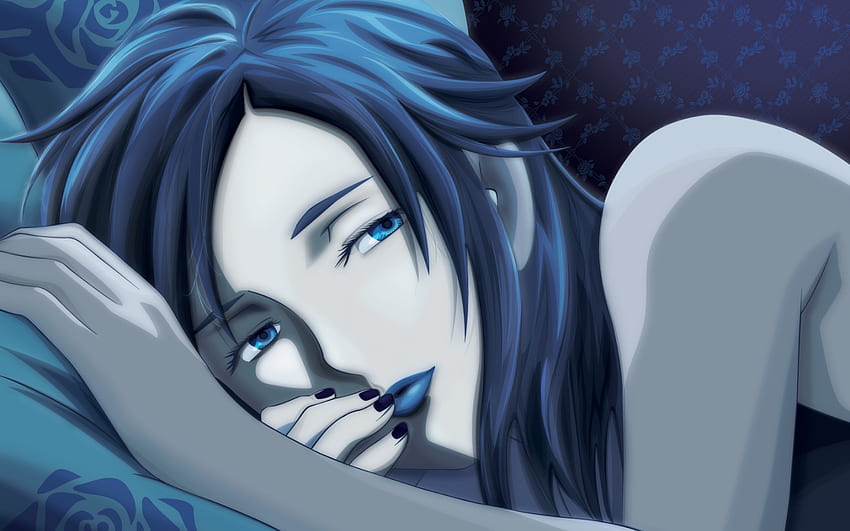 Lady in Blue, azul, linda garota, olhos azuis, cama, anime girl, anime, resumo, textura, dormir papel de parede HD