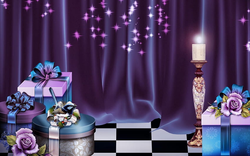 Merry Christmas!, blue, purple, white, black, box, candle, christmas, gift HD wallpaper