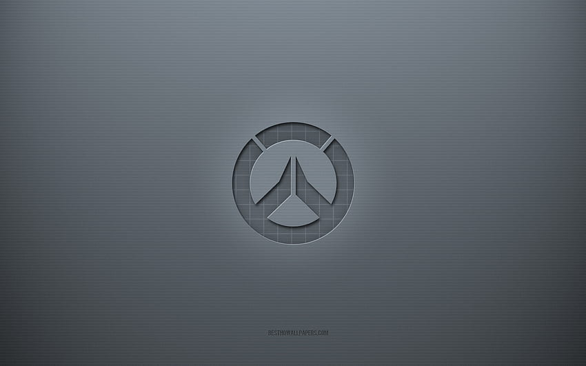 Overwatch のロゴ、灰色の創造的な背景、Overwatch のエンブレム、灰色の紙のテクスチャ、Overwatch、灰色の背景、Overwatch 3 d ロゴ 高画質の壁紙
