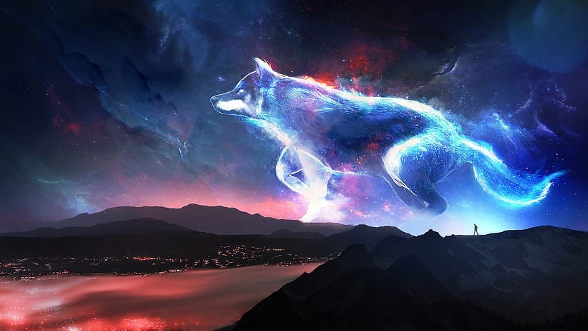Wolf, mountains, fantasy, sky, art HD wallpaper