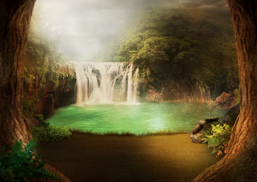 Atmosfera, wodospad, las, światło słoneczne, tropikalny, dzieło sztuki, fantazja Tapeta HD