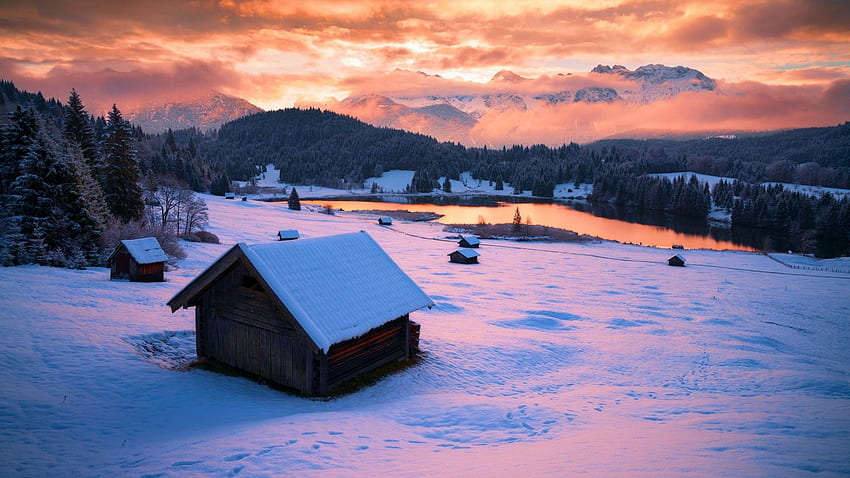 Winter in Julian Alps, Slovenia, winter, snow, landscape, clouds, colors, sky, cabin, sunrise, mountains HD wallpaper