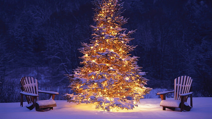 nuovo, Anno, Natale, Natale, Albero, Luci, Neve, Sedia, Inverno, Bokeh / e mobile Sfondo HD