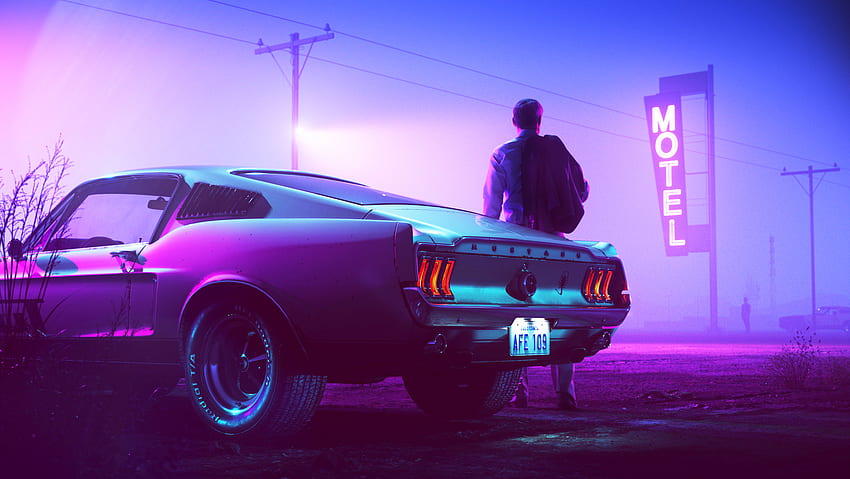 Mustang Fastback, Auto, Fahrzeug, Retrowave, Retrowave, Synthwave, Neon, Laufwerk / und mobiler Hintergrund HD-Hintergrundbild