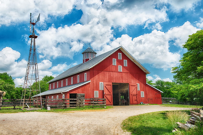 barn, windmill, farm, sky HD wallpaper