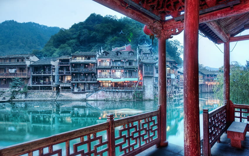 balcony in old china r, river, old, town, r, balcony HD wallpaper