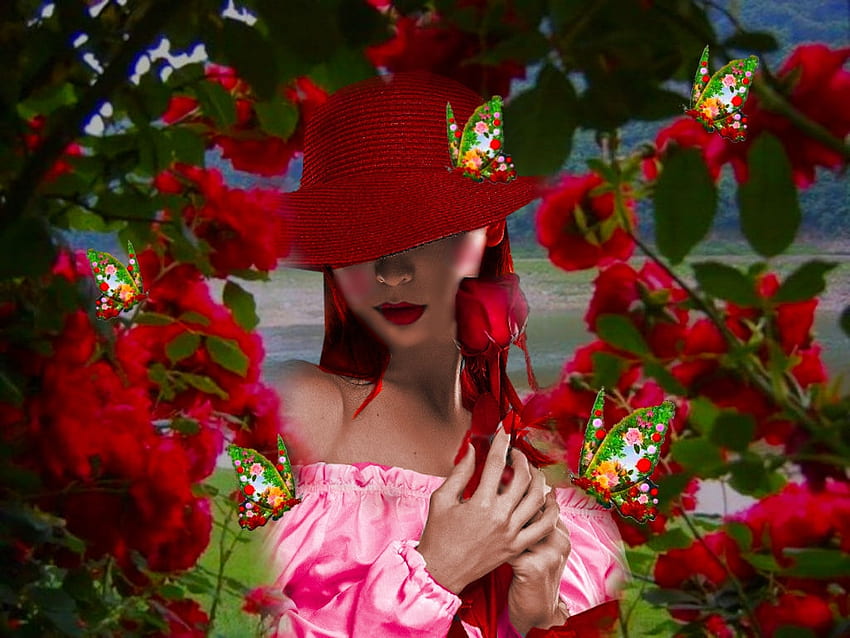 Delicate Flowers, pink, red, green, flowers, girl, hat, blue, lake, rose, butterflies HD wallpaper