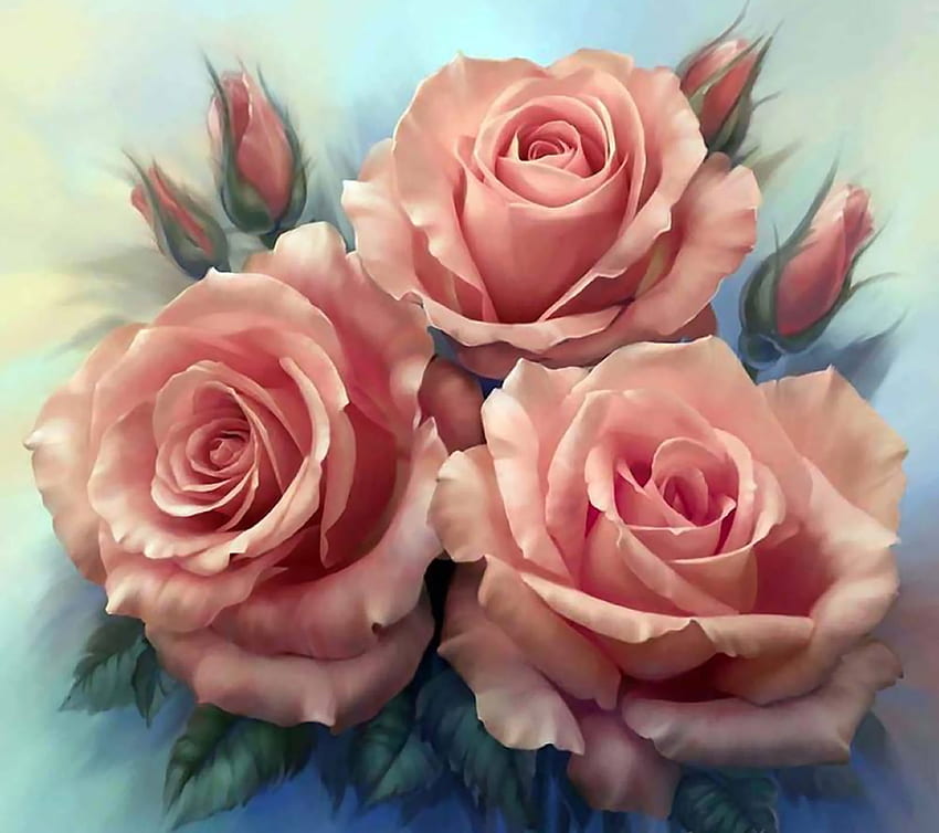 Pink Roses With Buds C, arte, floral, bonita, romance, ilustração, beleza, obra de arte, rosa, tela larga, pintura, flor, amor, natureza papel de parede HD
