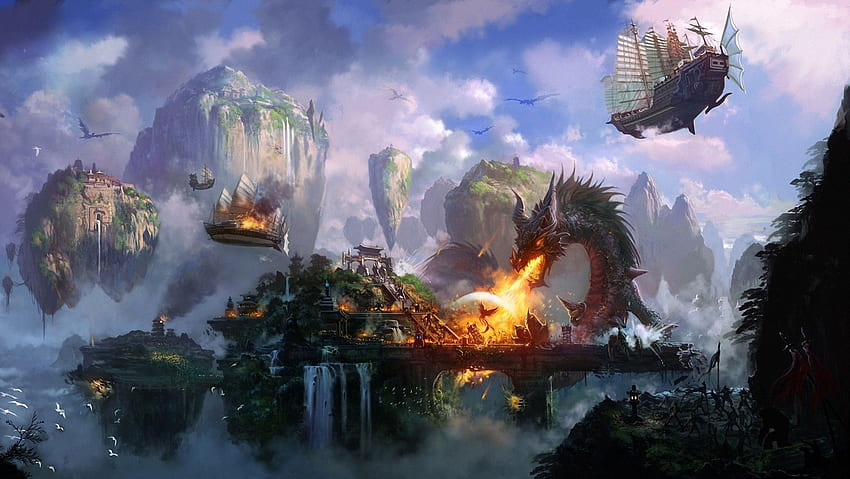 Art Liang xing ville bataille dragon feu attaque oiseaux navires battant montagnes falaises cascades un temple. Fond d'écran HD