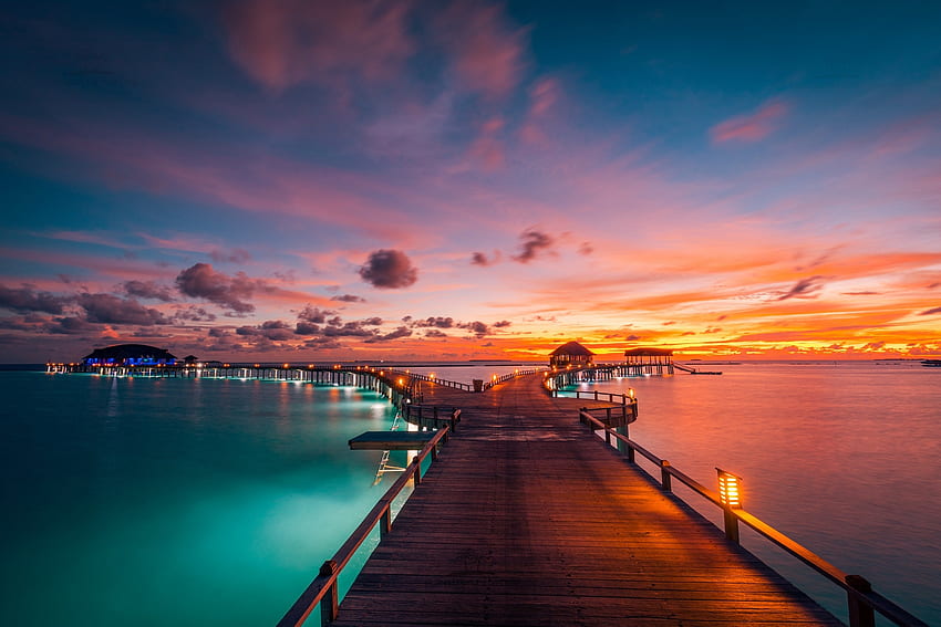 Малдивите, Залез, Океан, Мост, Ваканции HD тапет