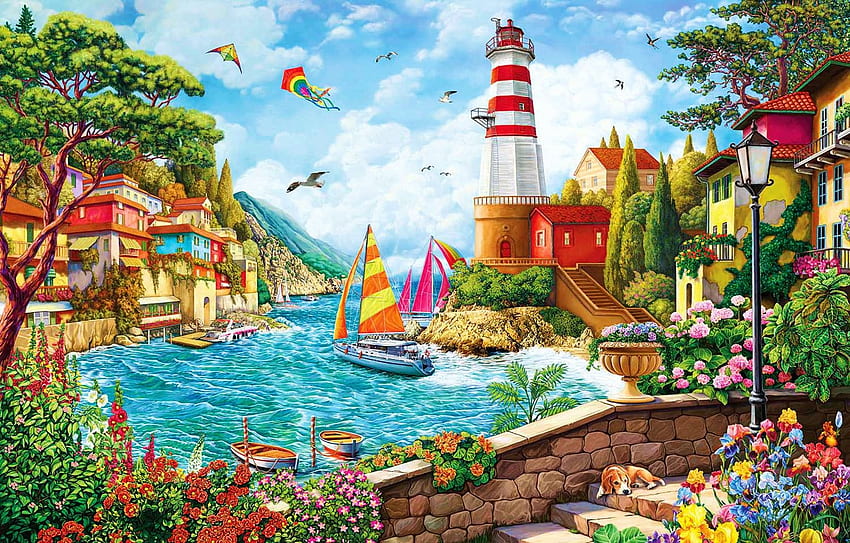 Faro e barca a vela, opere d'arte, uccelli, pittura, barche, fiori, case, porto, villaggio Sfondo HD