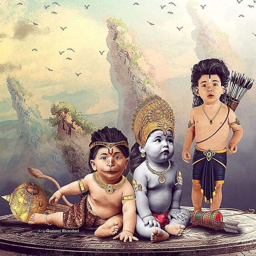 Gururaj Bhandari™ na Instagramie: „Rama, Lakszman, sztuka Hanumana Staram się stworzyć głównych bohaterów Ramajany. Prosty. Hanuman, Pan Rama, Hanuman fotki, Baby Hanuman Tapeta na telefon HD