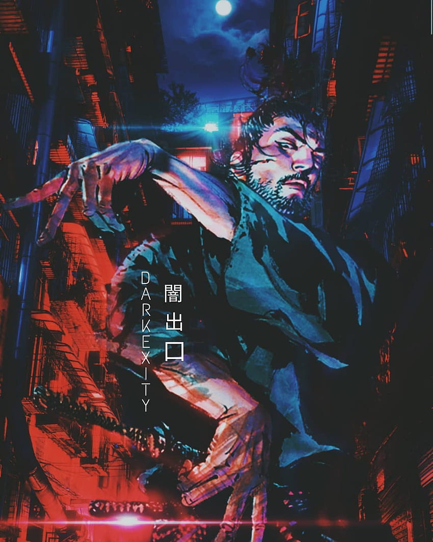 Moonlight - Musashi, épée, lune, miyamoto, néon, cyberpunk, vagabond, manga, samouraï Fond d'écran de téléphone HD