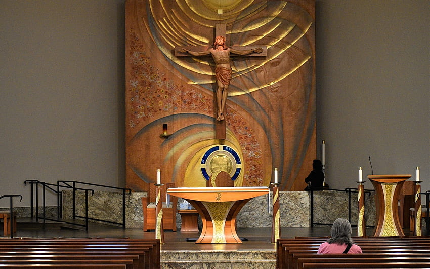 Altar na Igreja, interior, altar, moderno, Crucifixo, igreja papel de parede HD