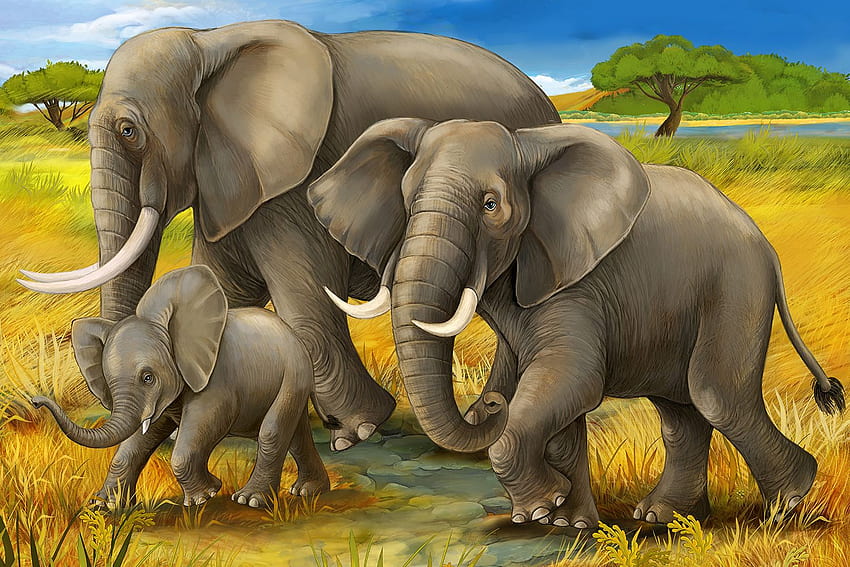 Rodzina słoni. Drukuj Tapeta HD