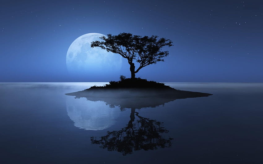 Isola cielo luna albero, artista, e alberi blu scuro Sfondo HD