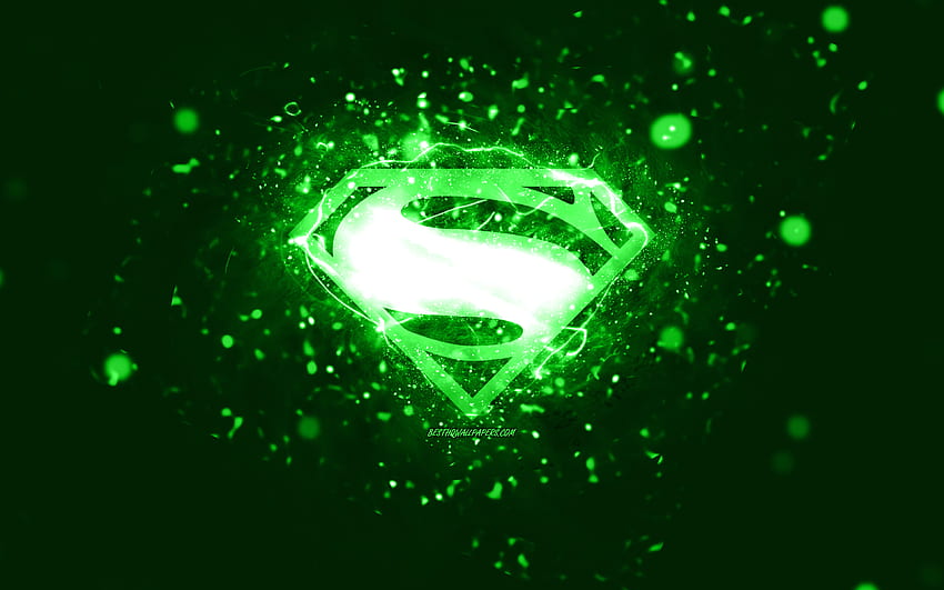 Logo hijau Superman,, lampu neon hijau, kreatif, latar belakang abstrak hijau, logo Superman, pahlawan super, Superman Wallpaper HD