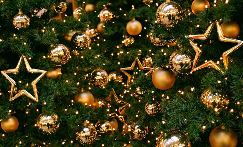 Jour fériés, Étoiles, Nouvel An, Décorations, Or, Noël, Vacances, Sapin de Noël, Boules Fond d'écran HD