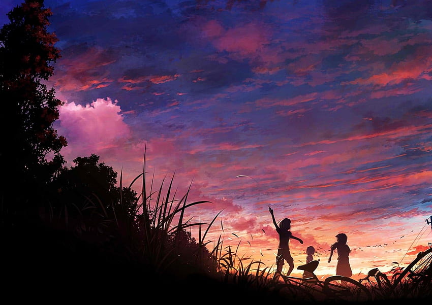 Scenic, Anime Landscape, Sunset, Kids Playing, Purple Anime Scenery HD wallpaper
