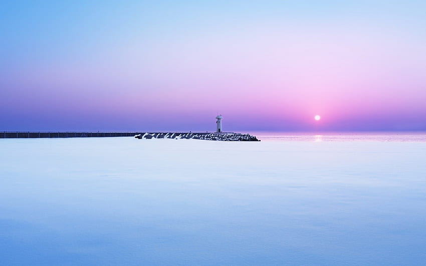 lighthouse on pier at dawn, sea, horizon, dawn, lighthouse, pier HD wallpaper