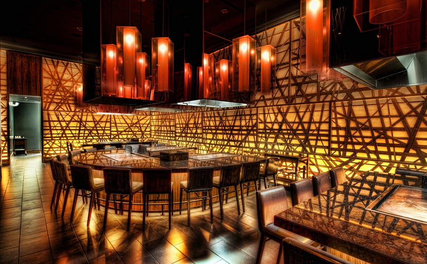 restoran jepang shibuya di vegas r, kursi, restoran, meja, lampu, r, oriental Wallpaper HD